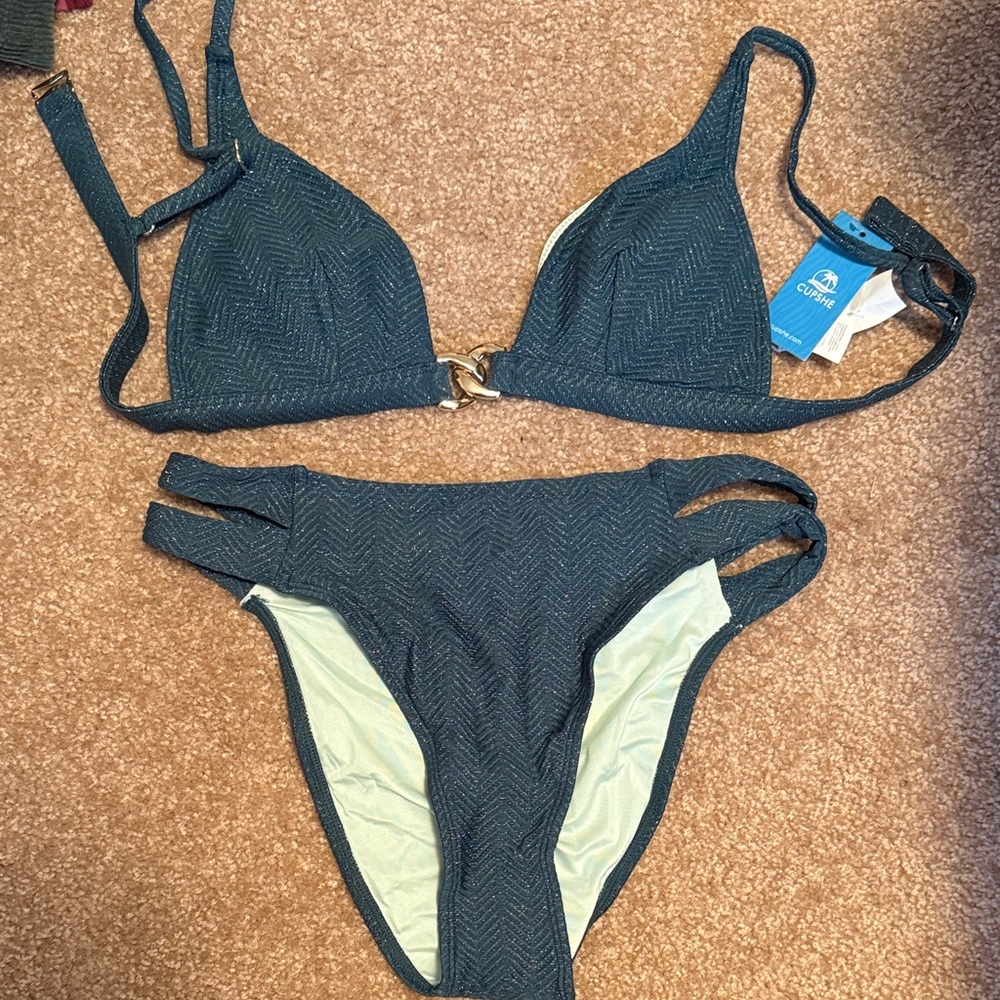 Cupshe Dark Teal Textured Triangle Bikini Set with Gold Accent
